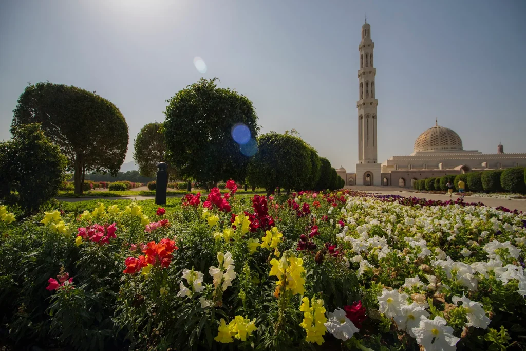 Sultan Qaboos Grand Mosque gardens and minaret in Muscat