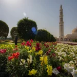 Sultan Qaboos Grand Mosque gardens and minaret in Muscat