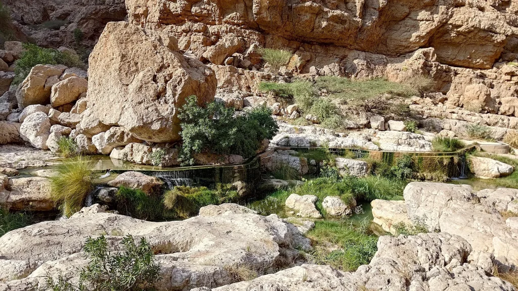 Canyon walls along the Wadi Shab hiking trail